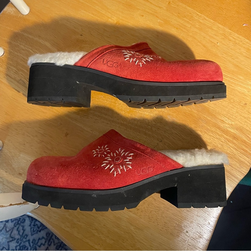 UGG Australia Red Shearling Mules with Embroidery Size 8